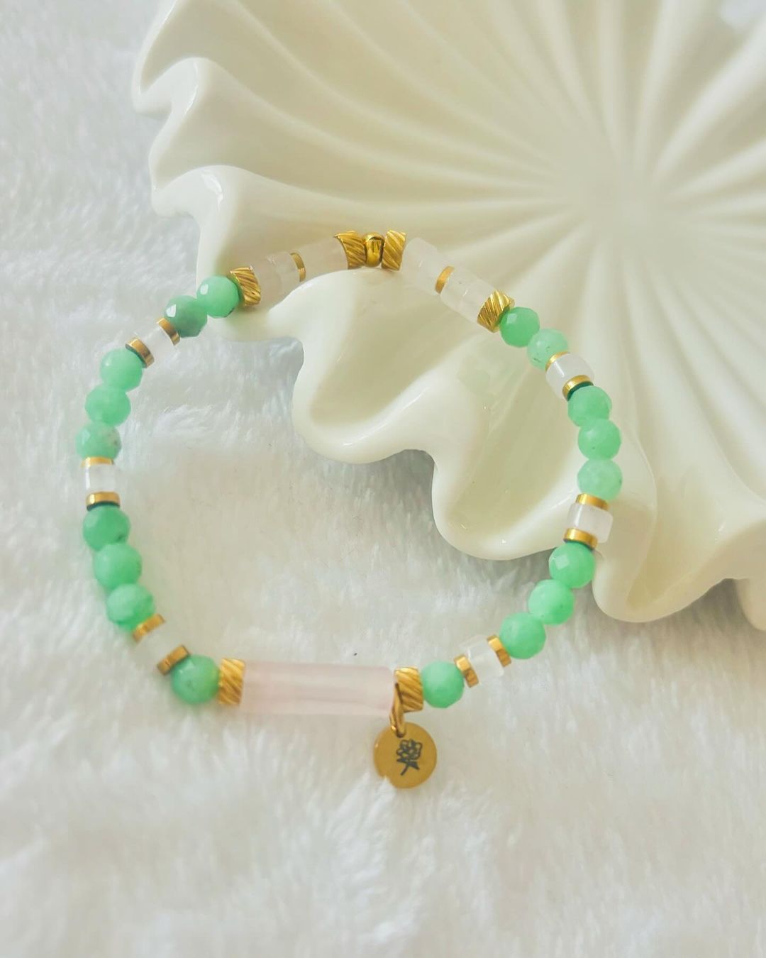 Bracelet "Riya" Perles Jade vert, Quartz Rose