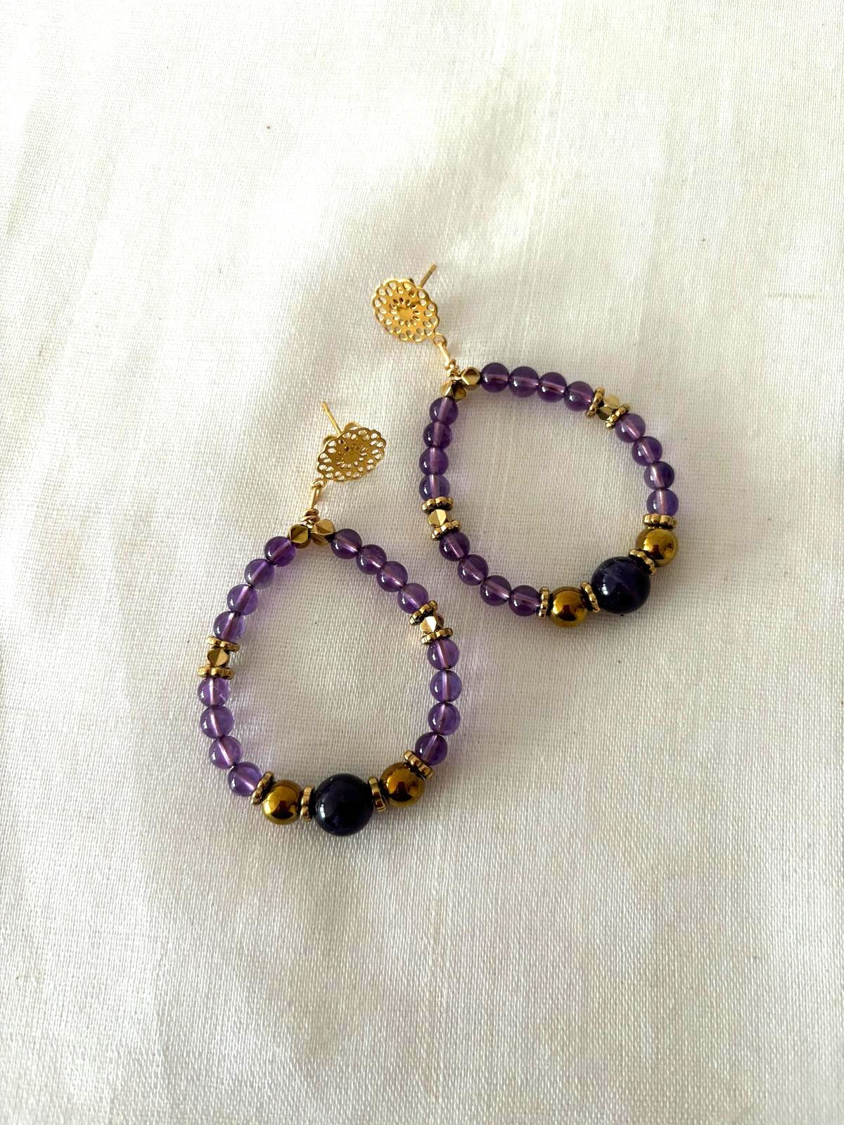 Boucles d'oreilles - Arya - Améthyste & Hématites dorées