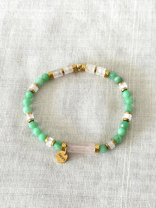 Bracelet "Riya" Perles Jade vert, Quartz Rose